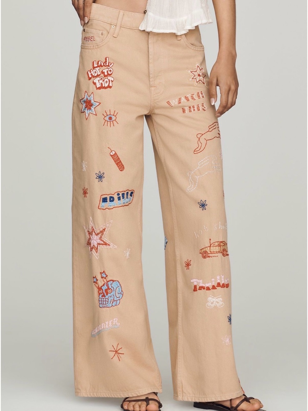 Mother Embroidered Wide-Leg Beige Women’s Jeans
